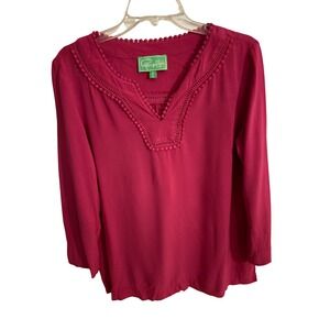 Pappagallo Pink Pom Pom Trim Crochet Split Neck Long Sleeve Blouse Womens Medium